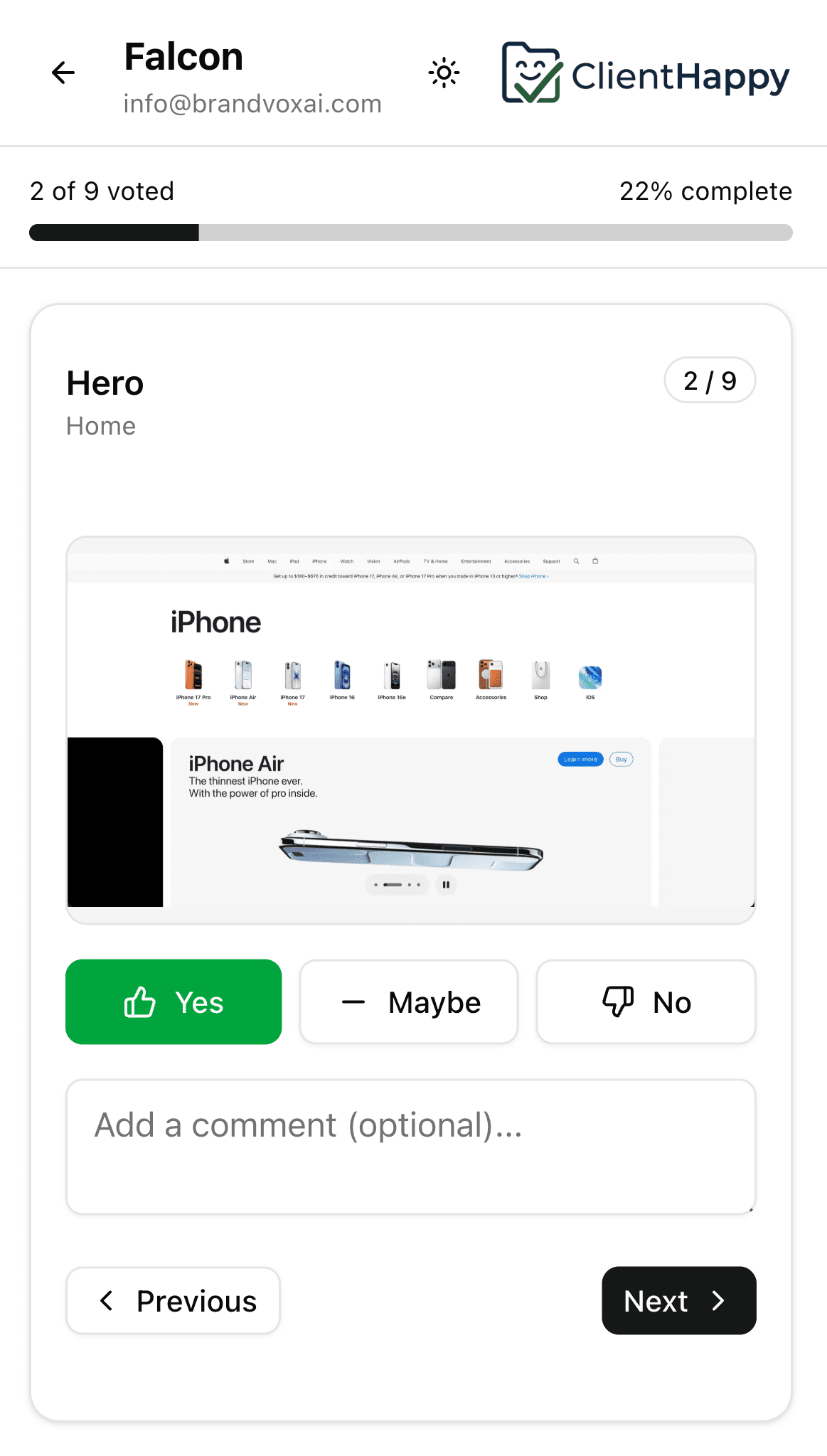 ClientHappy voting interface on mobile